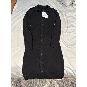 Quince Women Eco-Knit Button-Up Sweater Dress Black Basic Sleeved XS